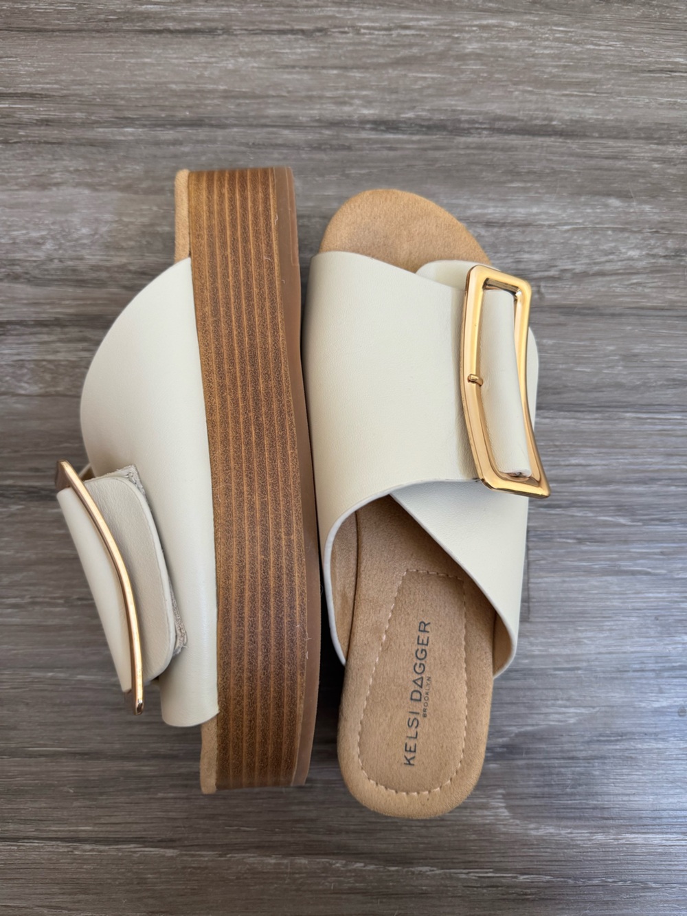 Kelsi Dagger Ivory Wedge Slide Sandals with Gold Buckles